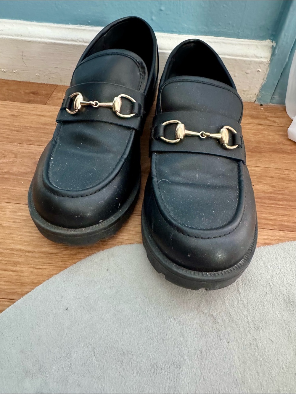Sincerly Jules Black Loafers with Gold Horsebit Detail